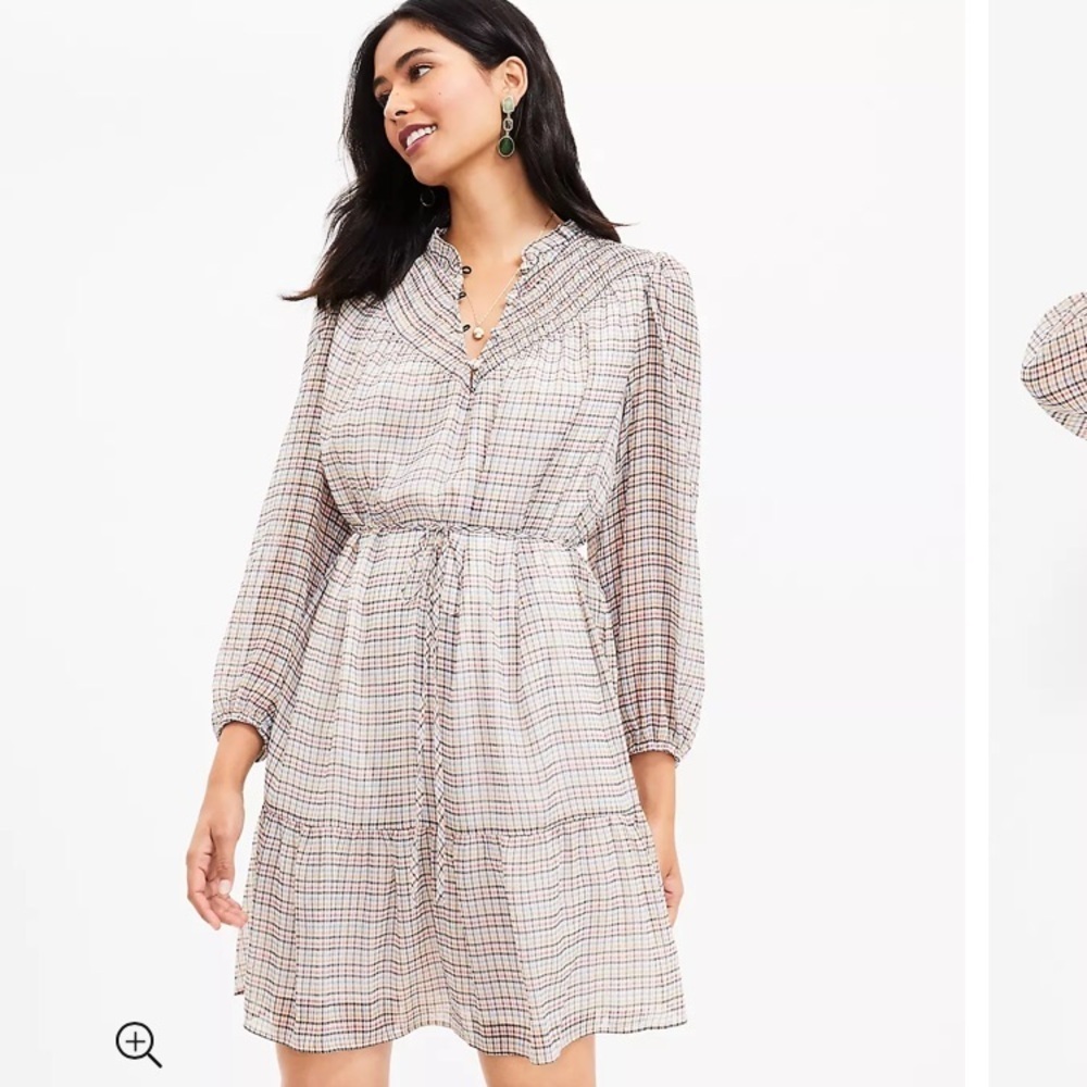 Plaid Smocked Ruffle Neck Swing Dress size M NWT tie waist tan blue career